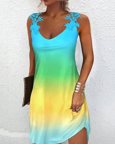 Woman Lace Patchwork Gradient Print Dress-Green-4