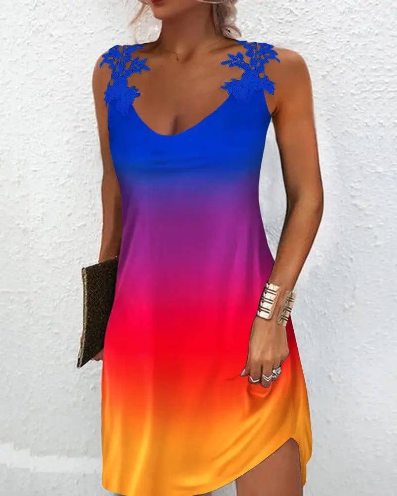 Woman Lace Patchwork Gradient Print Dress-Blue-5