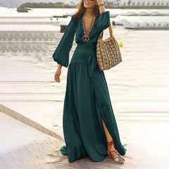 Women Bohemian Style Flare Sleeve Split Expansion Skirt-Green-1