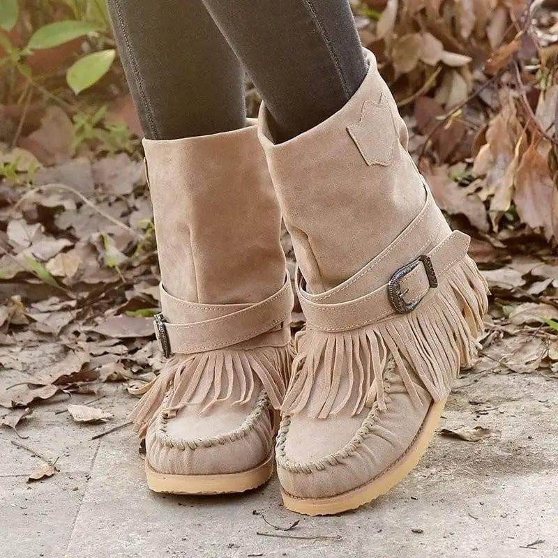 Women Boots British Style Short Tube Frosted-Beige-3