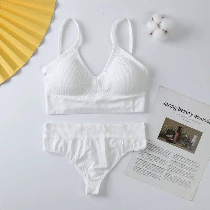 Women Bra Panties Set Push Up Sports Bra Set Sexy G-String-White-1