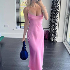 Women Camis Satin Long Dresses Elegant Sleeveless Slip-Pink-2