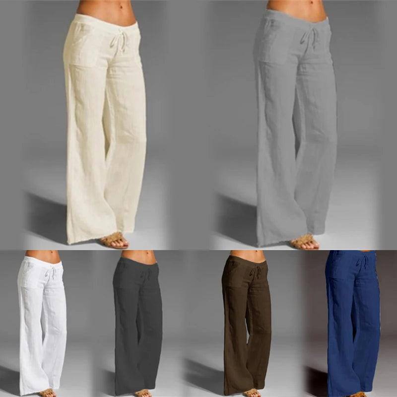 Women Cotton Linen Pants Vintage Wide Leg Pants Palazzo-4