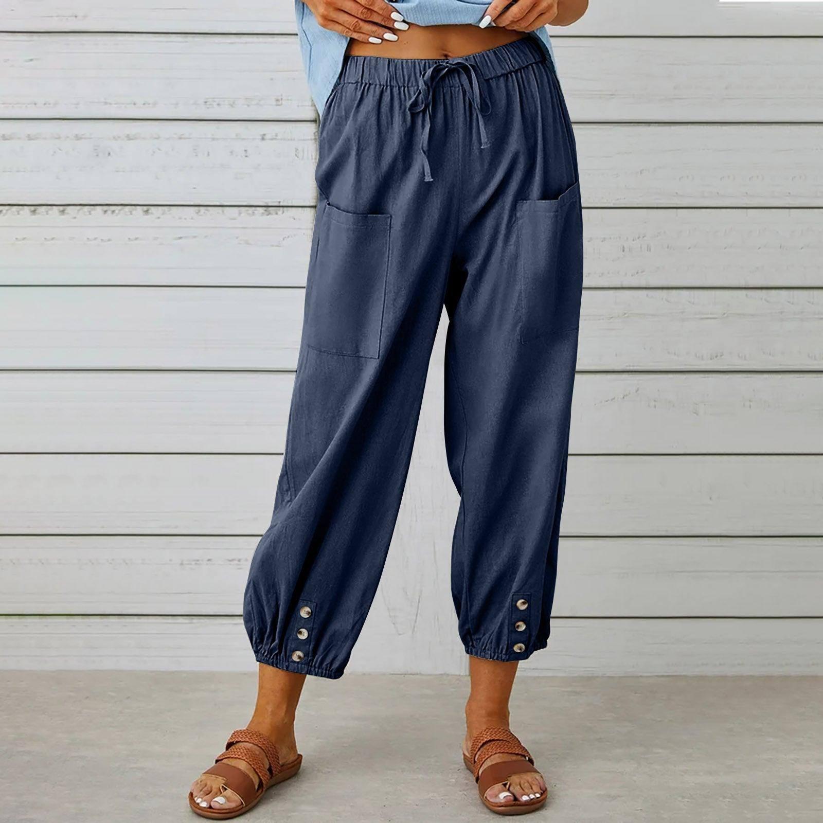 Women Drawstring Tie Pants Spring Summer Cotton And Linen-Navy Blue-10