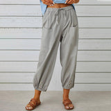Women Drawstring Tie Pants Spring Summer Cotton And Linen-Light gray-11