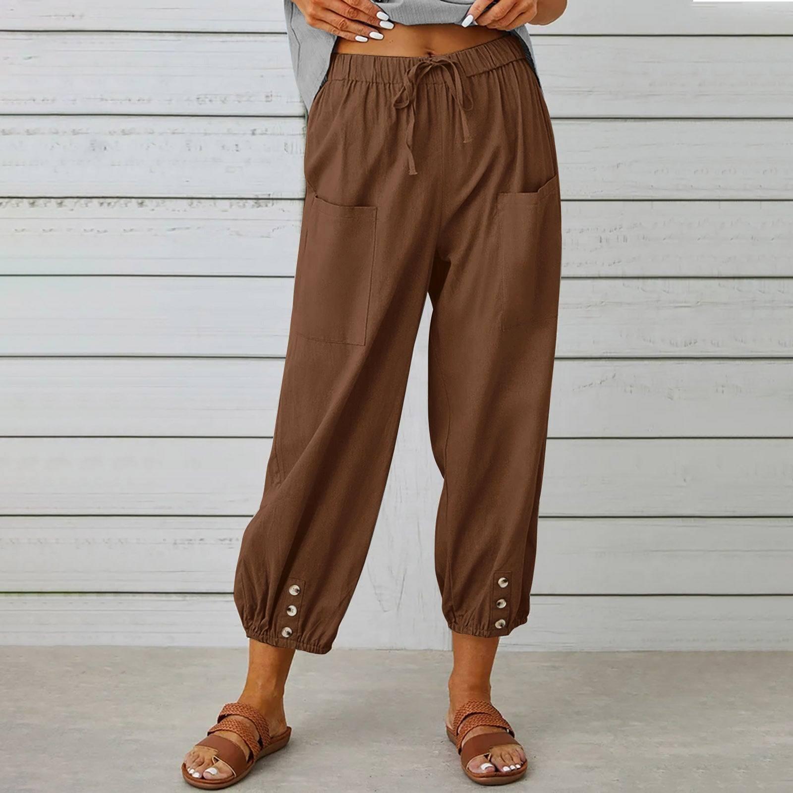 Women Drawstring Tie Pants Spring Summer Cotton And Linen-Brown-12