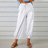 Women Drawstring Tie Pants Spring Summer Cotton And Linen-White-4