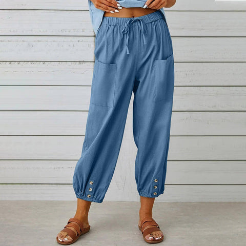 Women Drawstring Tie Pants Spring Summer Cotton And Linen-Denim Blue-8