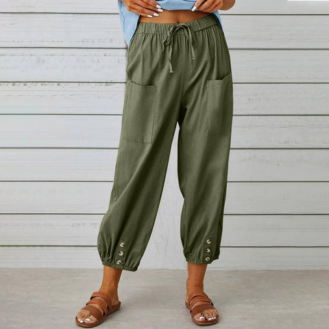 Women Drawstring Tie Pants Spring Summer Cotton And Linen-Army Green-9