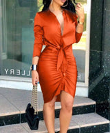 Women Lace-up Solid Color Long Sleeve Midi Dress Shirt Dress-Orange-2