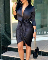 Women Lace-up Solid Color Long Sleeve Midi Dress Shirt Dress-Black-4