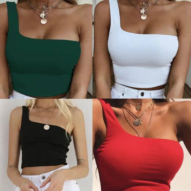 Women Lady Female One Shoulder Crop Tops Sleeveless T-Shirt-6