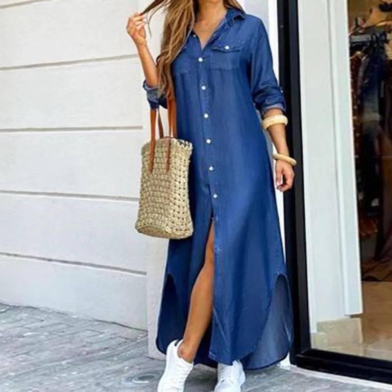Women Long Sleeve Shirt Dress Printed-Blue-6