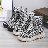 Women Martin Boots Black White Leopard Print Low Heel Shoes-2