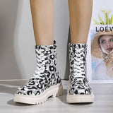 Women Martin Boots Black White Leopard Print Low Heel Shoes-Leopard white-4