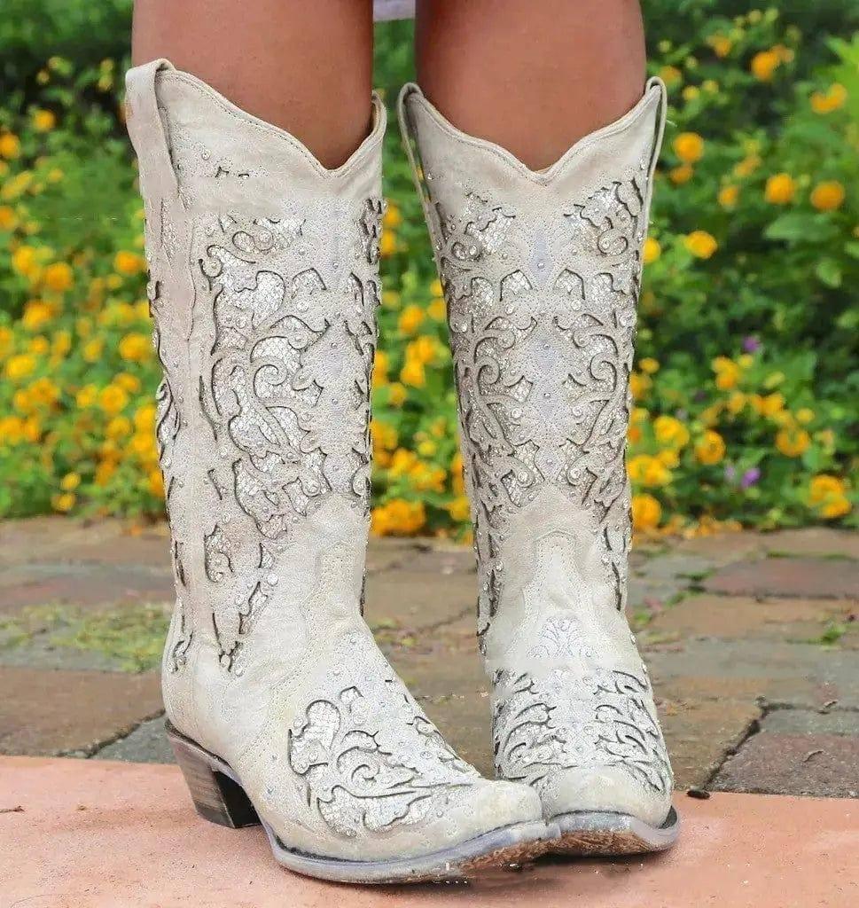 Women Rhinestone Hollow Flower High Boots-White-1