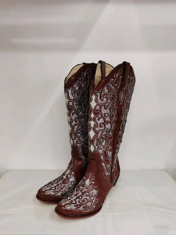 Women Rhinestone Hollow Flower High Boots-Brown-3