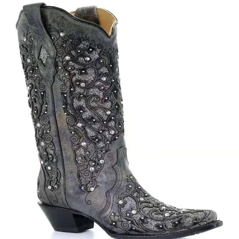 Women Rhinestone Hollow Flower High Boots-4