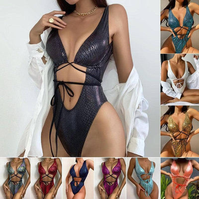 Women's Bikini One Piece Swimsuit Strappy Lace Up Swimwear-1