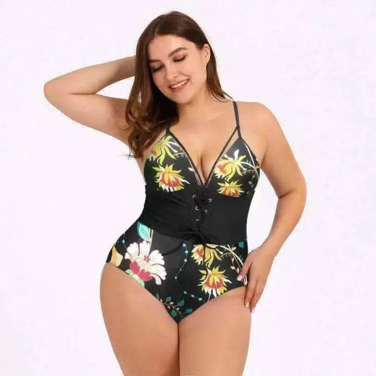 Women's Bikini Print Bouquet Waist Plus Size Swimsuit-3