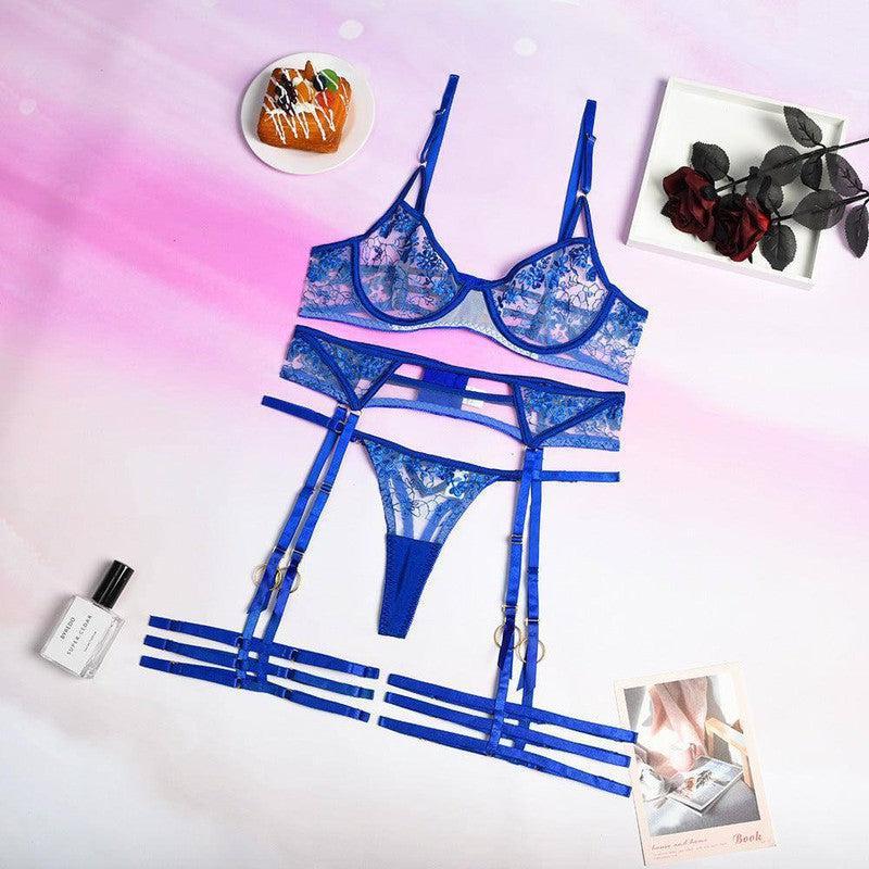 Women's Blue Embroidered Lingerie Set-Blue-7