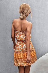 Women's Bohemian Floral Print Strapless Dress Summer Beach-4