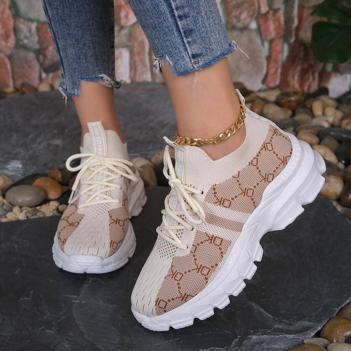 Women's Breathable Canvas Sneakers Mesh Lace Up Flat Shoes-Light Brown-4