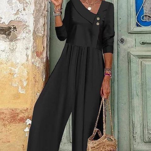 Women's Button Up Jumpsuit With Solid V-neck-1