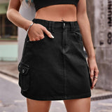 Women's Casual Elastic Waist Denim Suit Skirt-Black-2