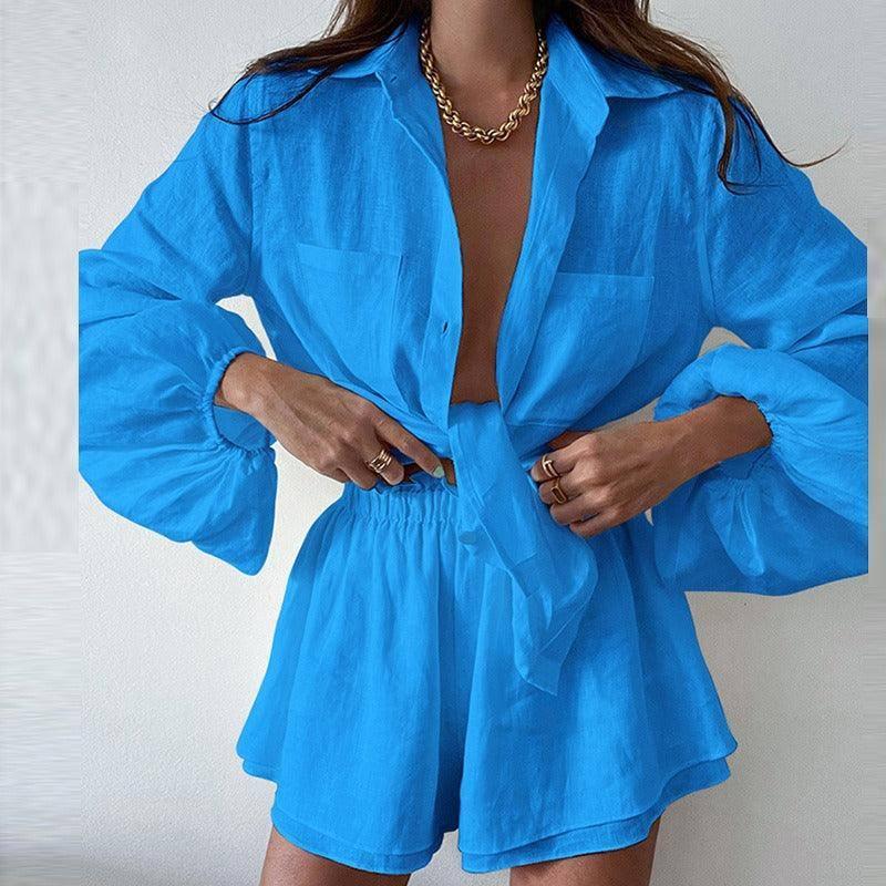 Women's casual fashion solid color ruffled edge shorts shirt-blue-4