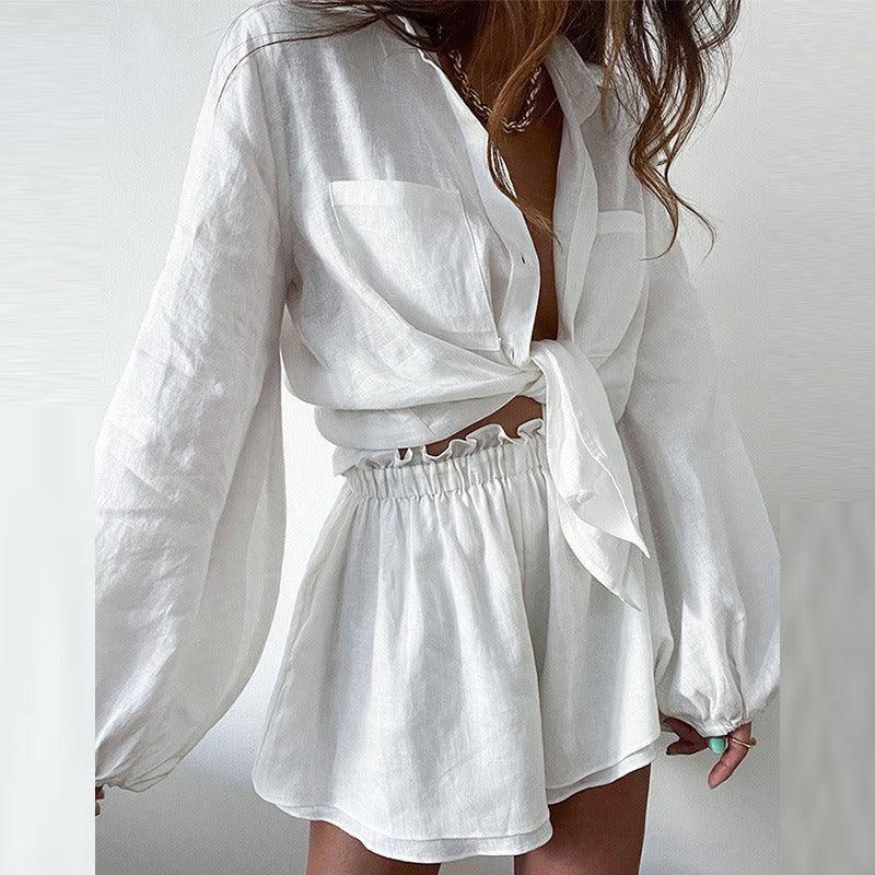 Women's casual fashion solid color ruffled edge shorts shirt-white-6