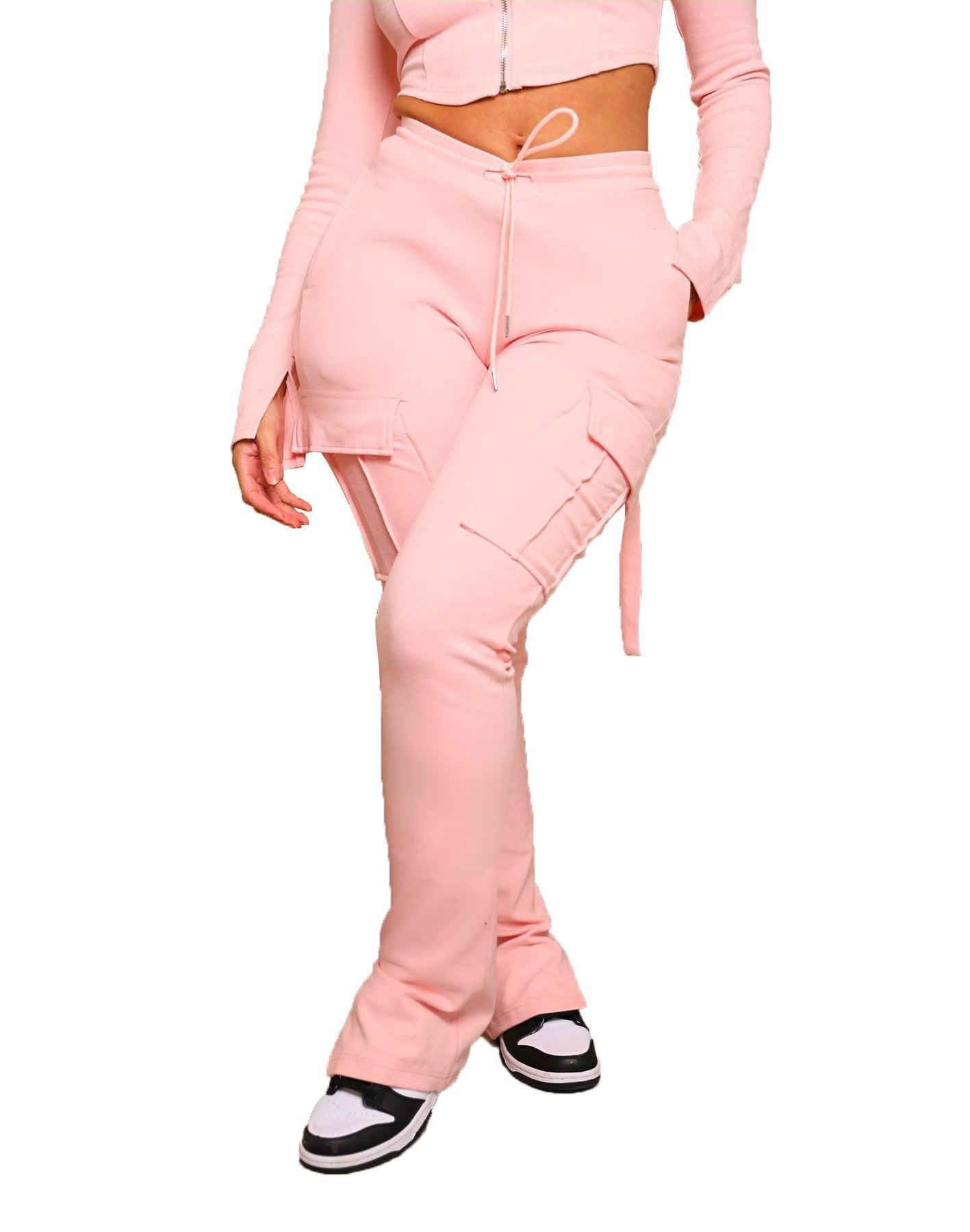 Women's Casual Tight Sportswear Multi-pocket Overalls With-Pink pants-18