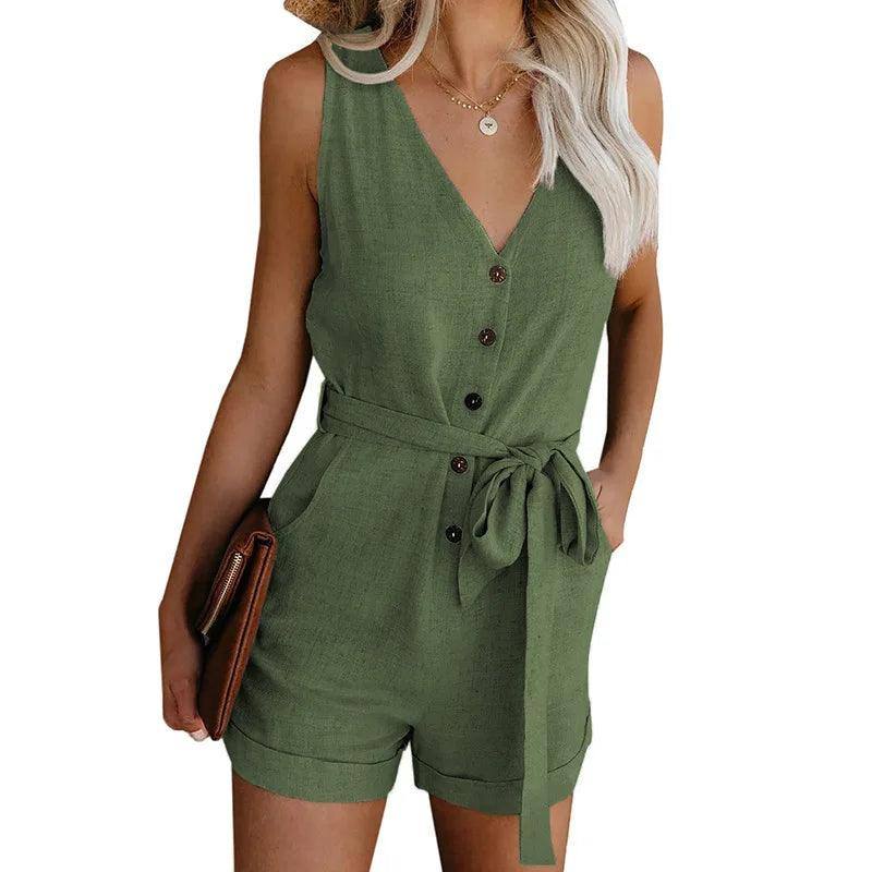 Women's Casual V-neck Monochromatic Jumpsuit, Five-Point-army green-16
