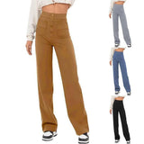 Women's Clothing High Waist Pocket Wide Leg Button Casual-1