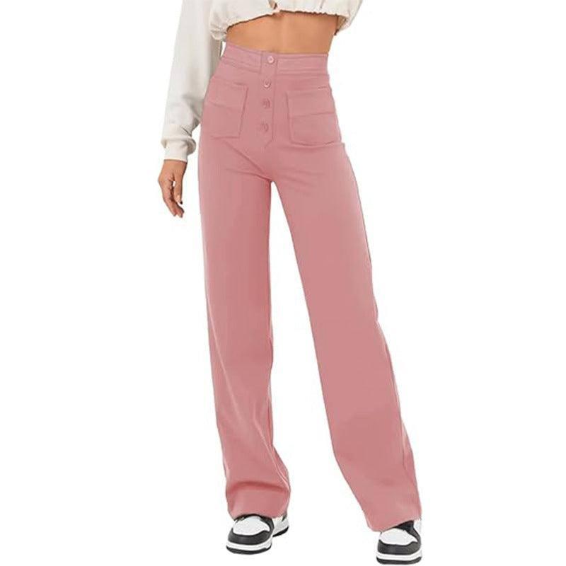 Women's Clothing High Waist Pocket Wide Leg Button Casual-Pink-12