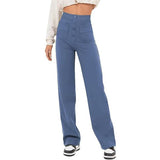 Women's Clothing High Waist Pocket Wide Leg Button Casual-Blue-5