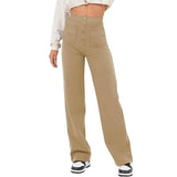 Women's Clothing High Waist Pocket Wide Leg Button Casual-Camel-7