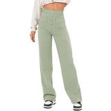 Women's Clothing High Waist Pocket Wide Leg Button Casual-Light Green-9