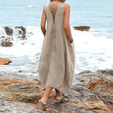Women's Cotton And Linen V-neck Pocket Casual Dress-5