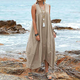 Women's Cotton And Linen V-neck Pocket Casual Dress Maxi Dresses LOVEMI  Khaki S 
