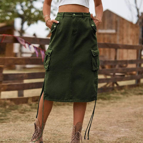 Women's Denim Lace-up Skirt Casual-Army Green-4