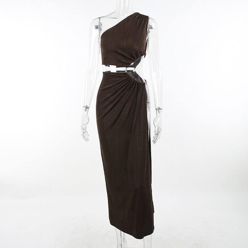 Women's Dignified Hollow Sloping Shoulder Dress-Dark Brown-7