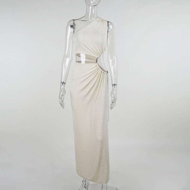 Women's Dignified Hollow Sloping Shoulder Dress-Light Apricot Colored-8