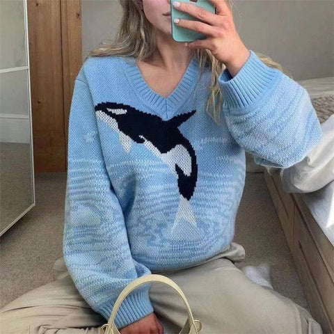 Women's Dolphin Printing Long Sleeve Loose Sweater-5
