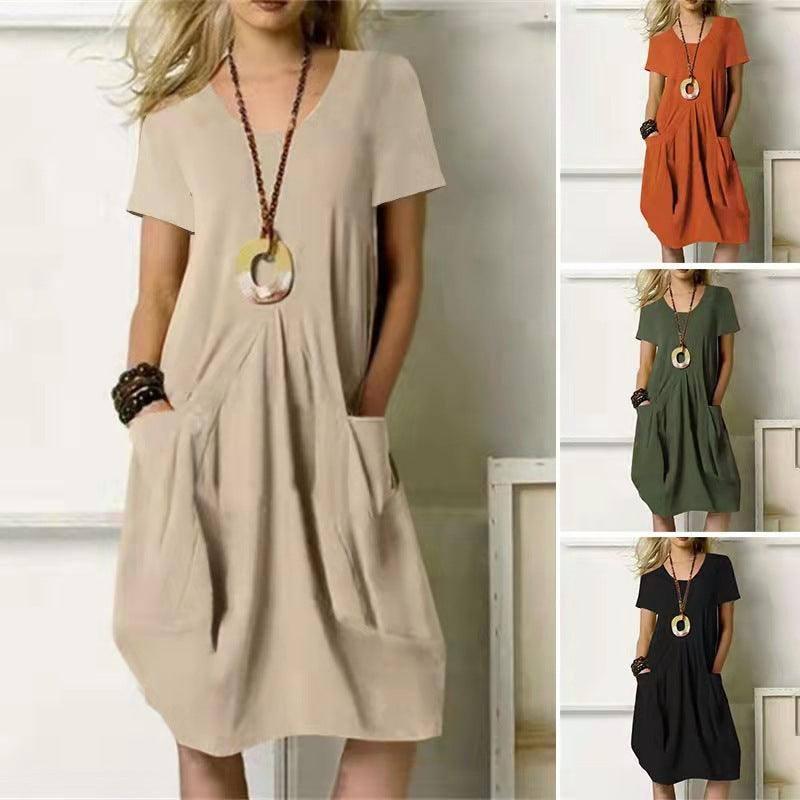 Women's Dress With Pockets Cotton Linen Solid Color Loose Round Neck Short Sleeve Dress Summer-1