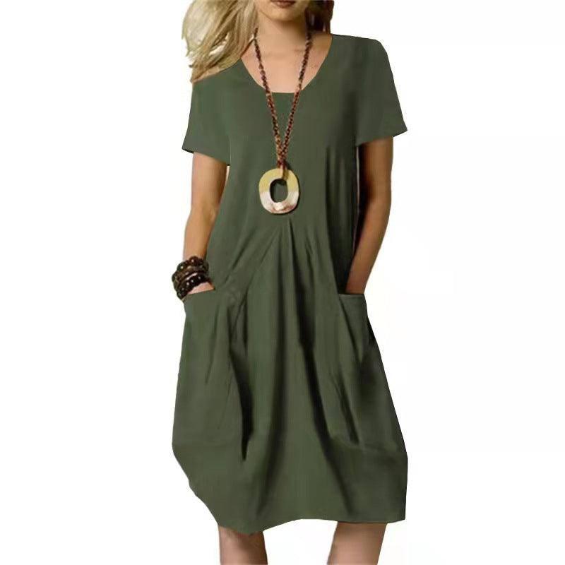 Women's Dress With Pockets Cotton Linen Solid Color Loose-Army green-3