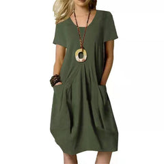 Women's Dress With Pockets Cotton Linen Solid Color Loose-Army green-3