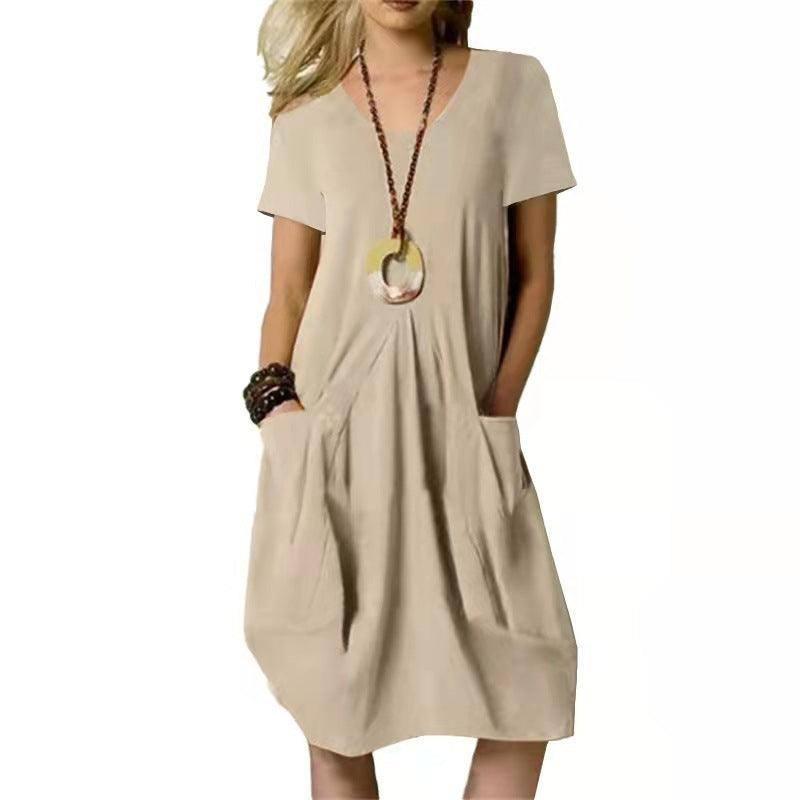 Women's Dress With Pockets Cotton Linen Solid Color Loose-Khaki-5