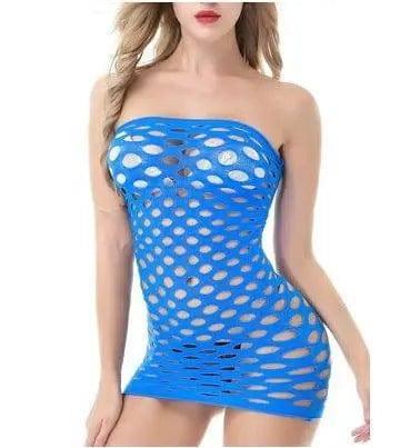 Women's Erotic Lingerie Sexy Hole Bag Hip Net Dress Short-Blue-1