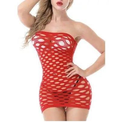 Women's Erotic Lingerie Sexy Hole Bag Hip Net Dress Short-Red-5
